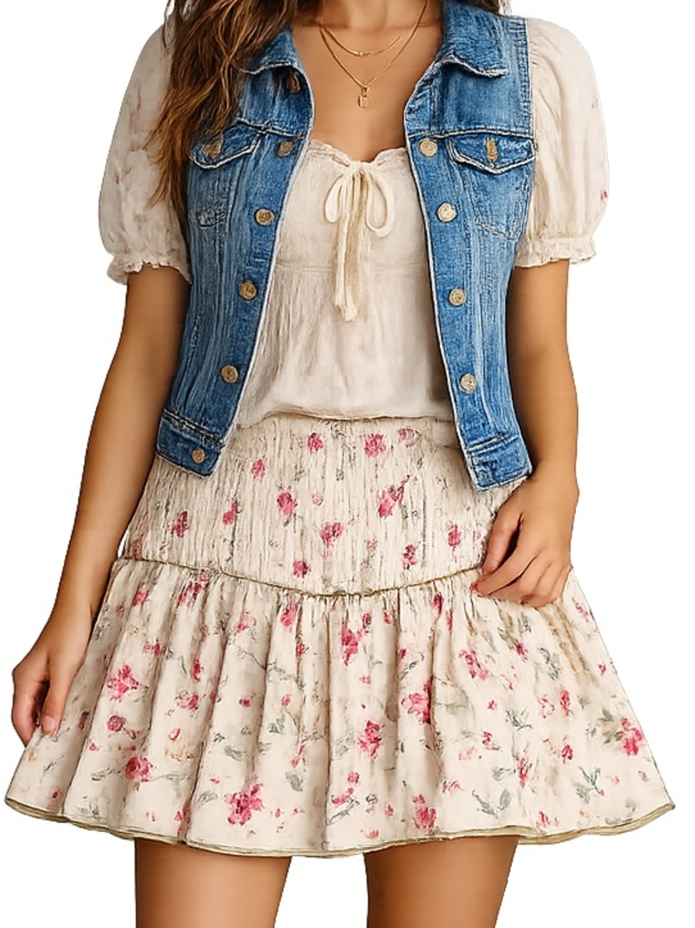 Angie Cream Mini Skirt with Pink Floral Print
